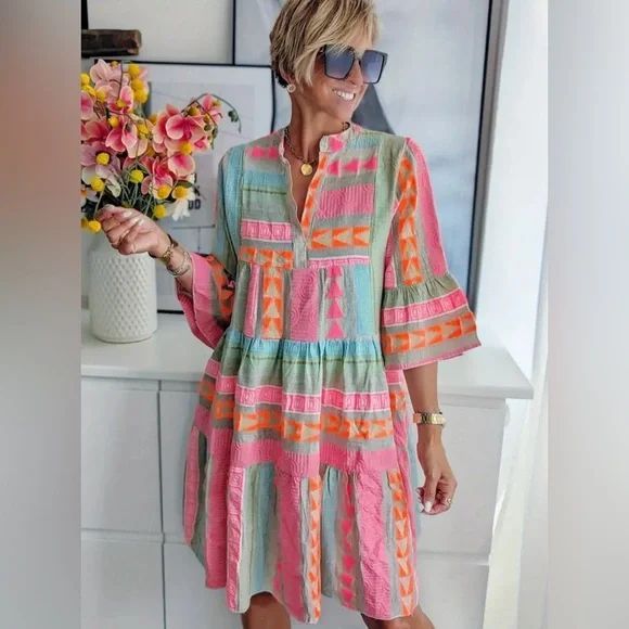 NEW Boho Embroidered Colorful Geometric Patterned Women's Dress - Picture 5 of 5